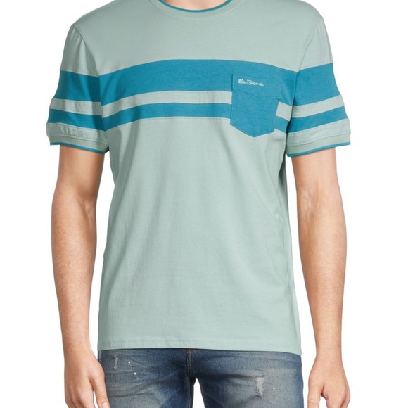 Ben Sherman Large Tee Shirt Crew Patch Pocket Blue White Stripe Navy Blue NWT - Picture 7 of 11